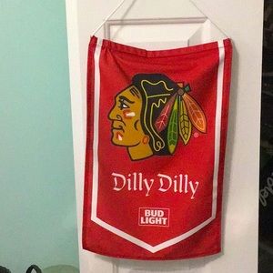 Chicago Blackhawks hang flag
